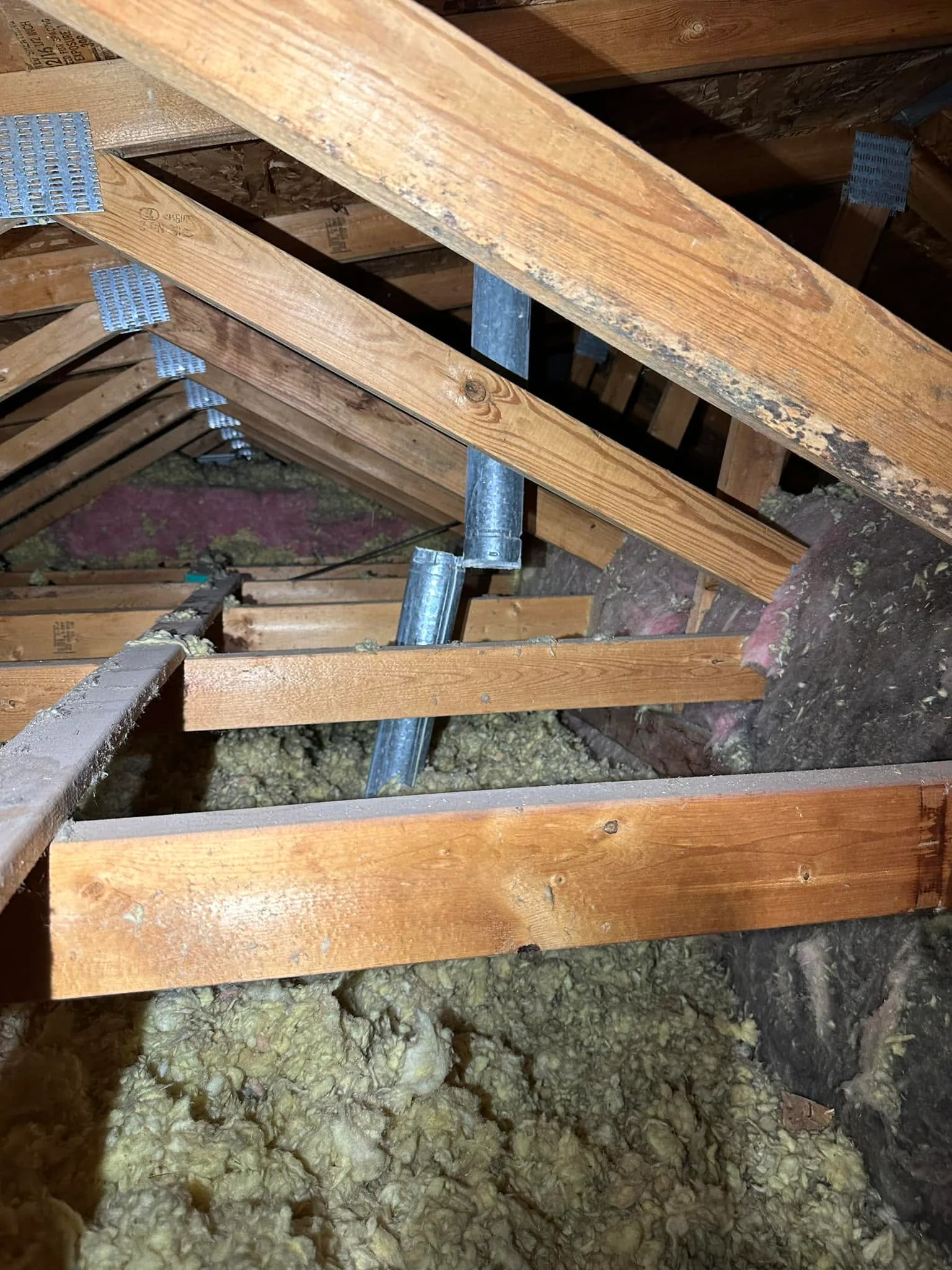 Attic truss webs gang nail plates metal vent duct loose fill insulation