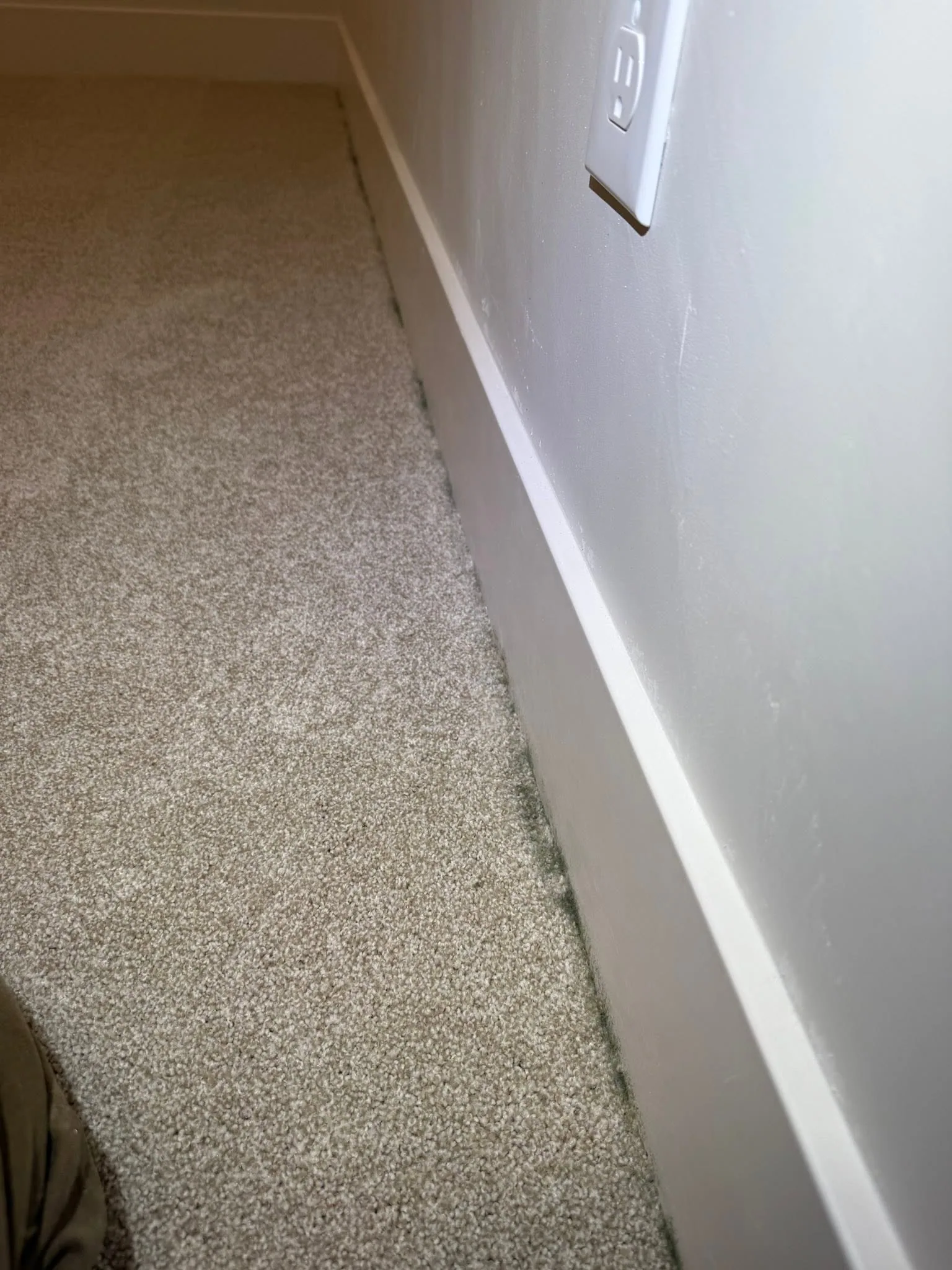 Carpet edge dark filtration line along white baseboard outlet