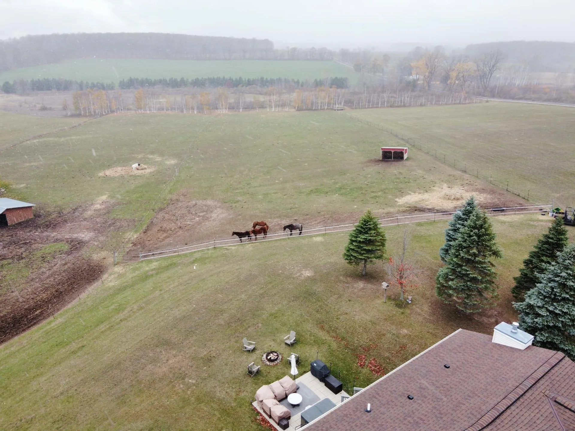 Drone view horse pasture fire pit patio rural property