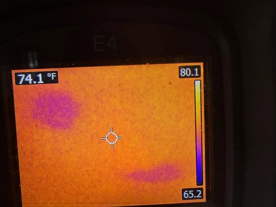 Flir e4 screen two purple cold spots orange field 74 degrees gillett
