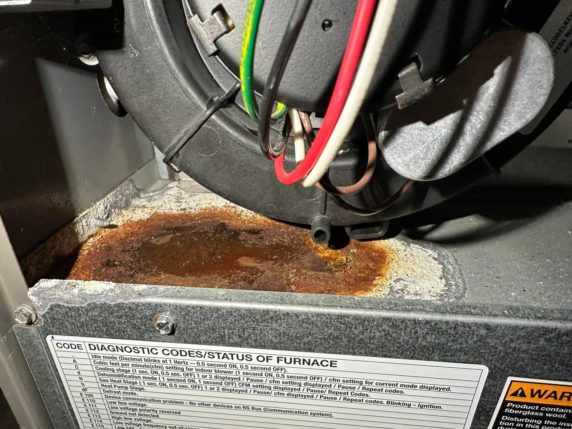 Furnace blower housing rust stain corrosion diagnostic code label gillett