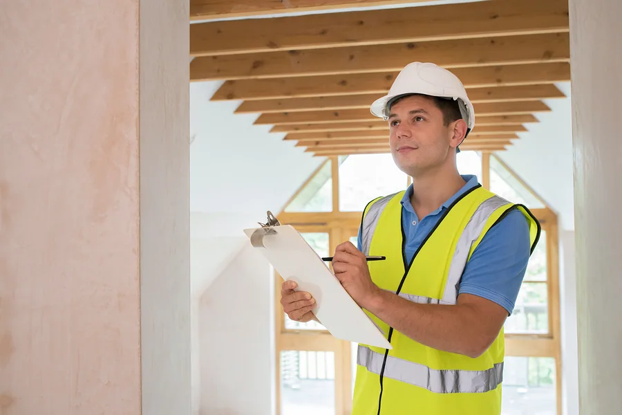 Inspector clipboard exposed rafters new construction