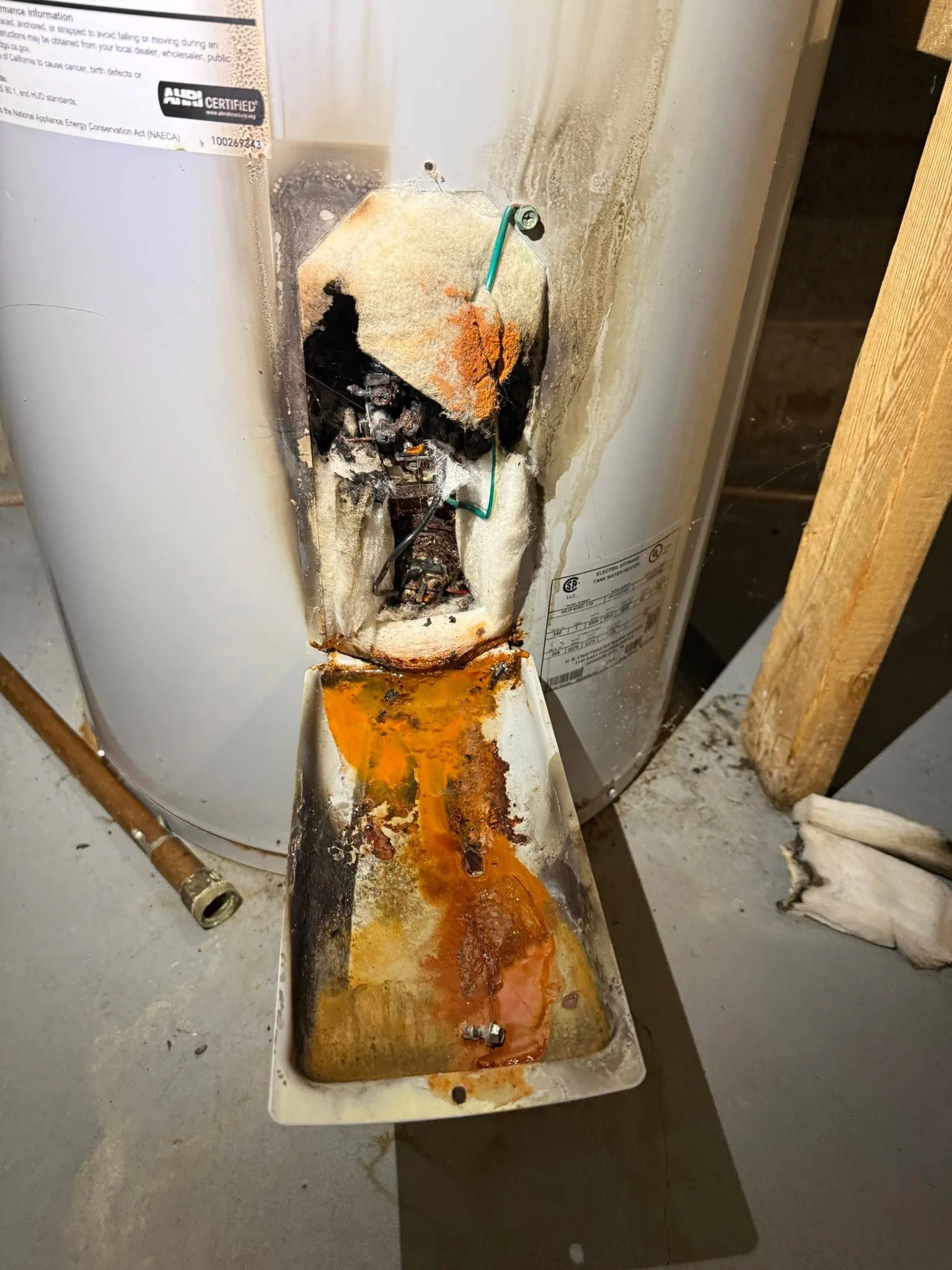 Scorched water heater element panel rust