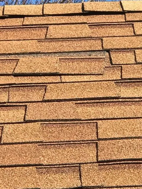 Tan shingles exposed nail strip roof defect