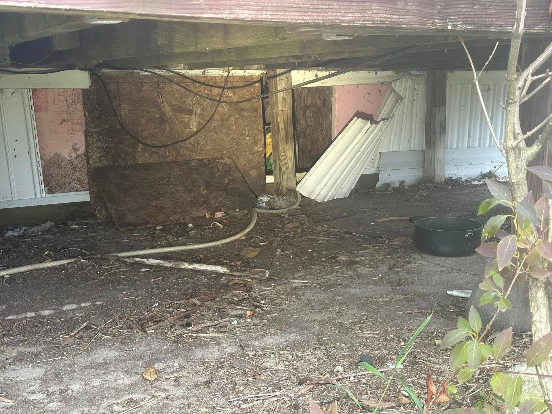Under deck skirting removed osb panel garden hose pot