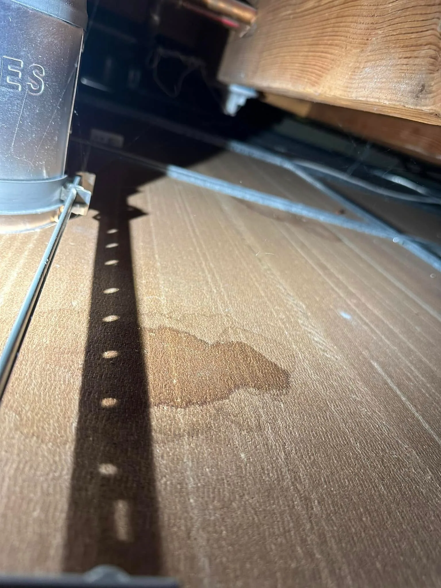 Water stain roof sheathing attic duct strap cables
