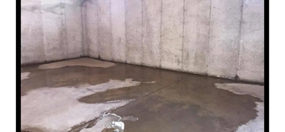 Wet basement floor standing water poured concrete walls